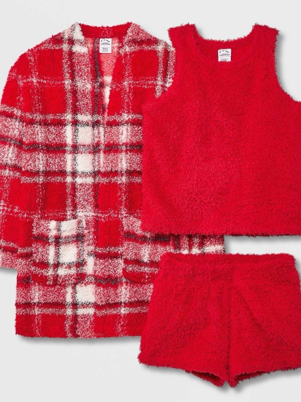 art class girls Red Plush 3-Piece Pajama Set with Plaid Cardigan Robe